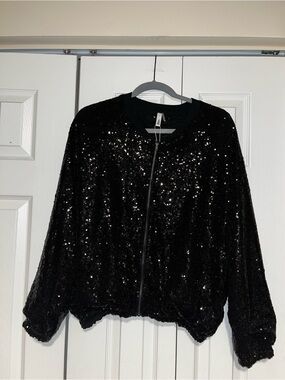 glam Black Sequin Bomber Jacket